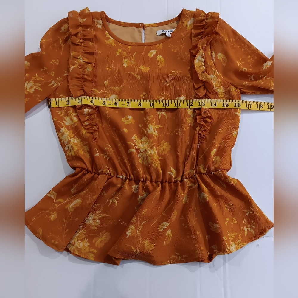 Madewell Women's (XXS) Golden Yellow Floral Ruffle Blouse - Picture 6 of 7
